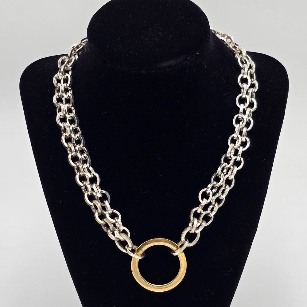 Napier Multi Tone Heavy Link Double Chain 16" Necklace w/ Gold Circle Pendant